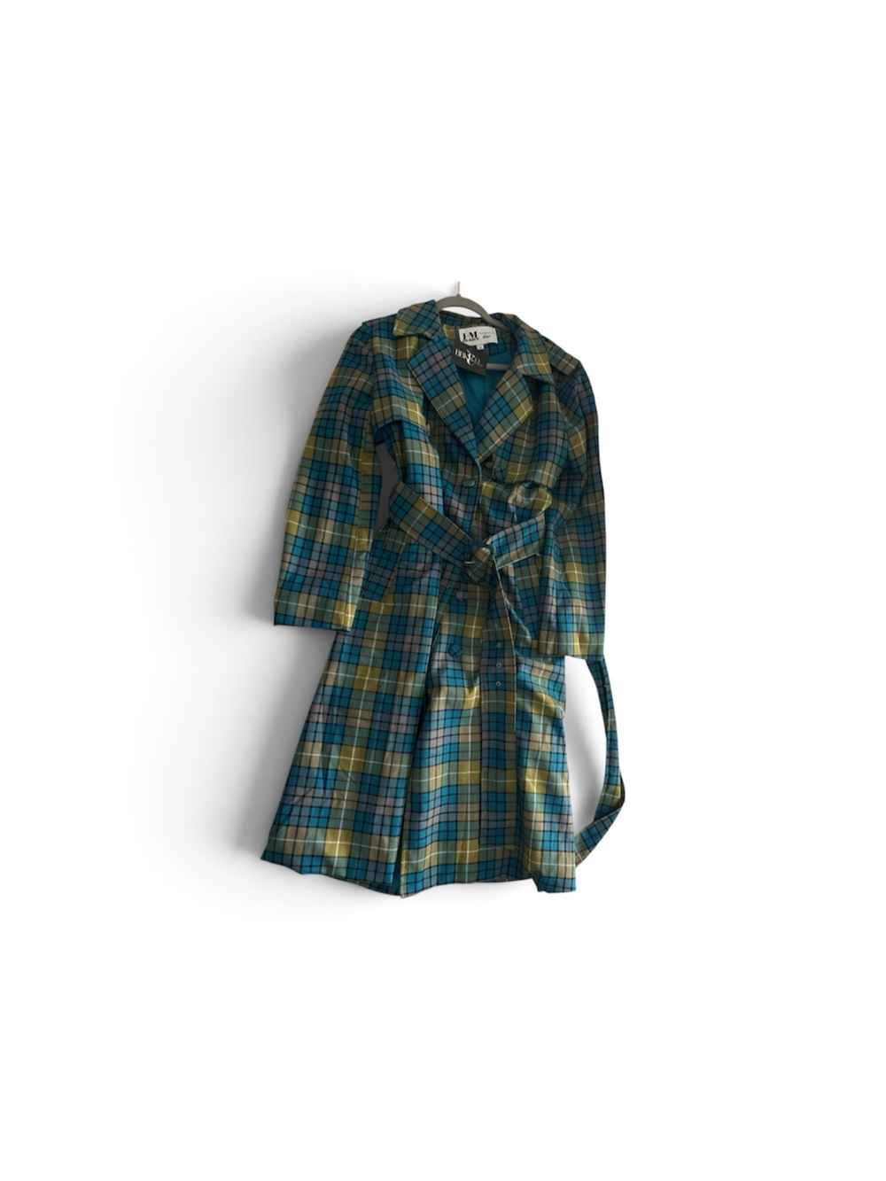 Plaid Belted Trench Coat - Teal & Mustard